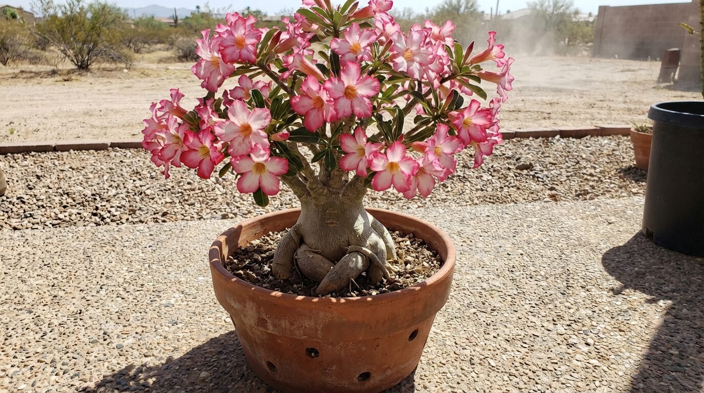 Rosa do deserto em vaso recebendo sol pleno, com flores vibrantes e folhas saudáveis