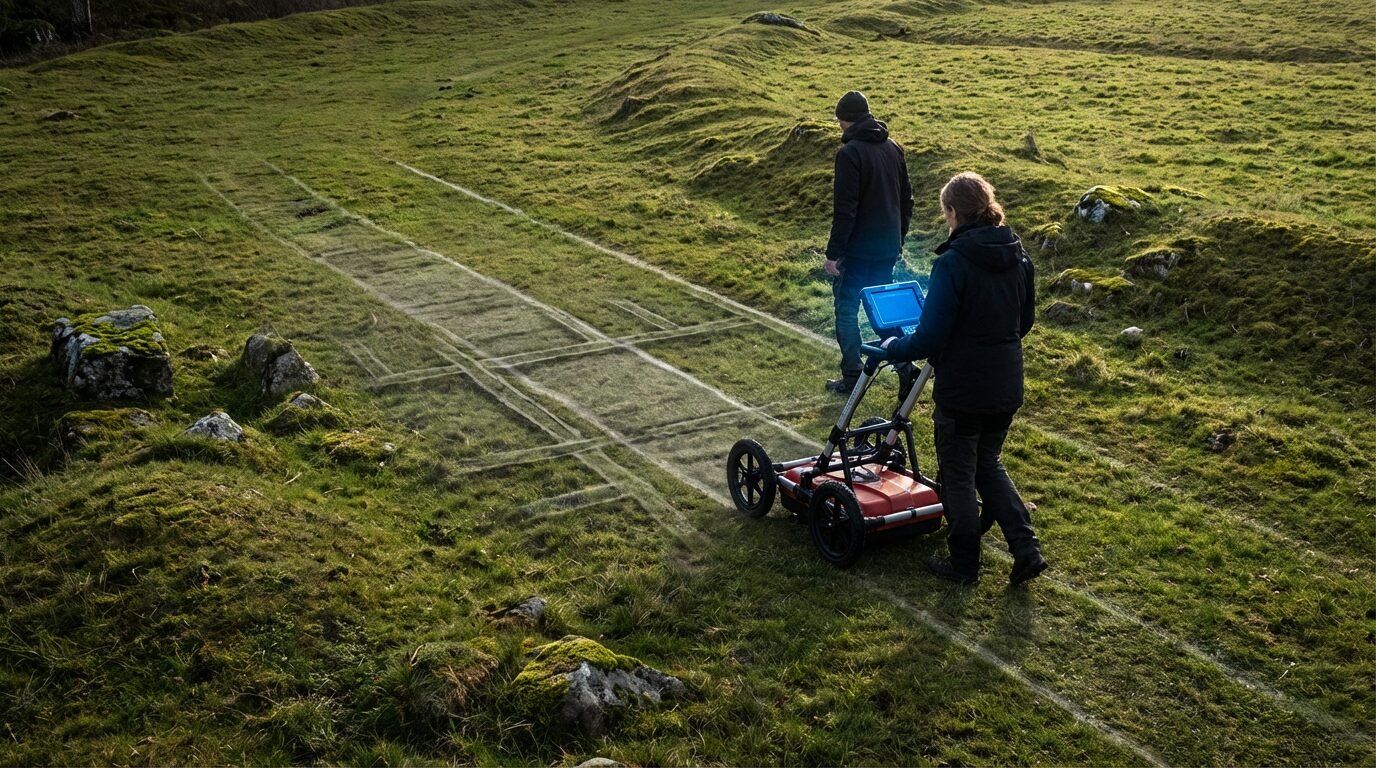Arqueólogos usando georadar AutoMIRA em Blomsholm, Bohuslän, local associado à rota Galärvegen de 1718