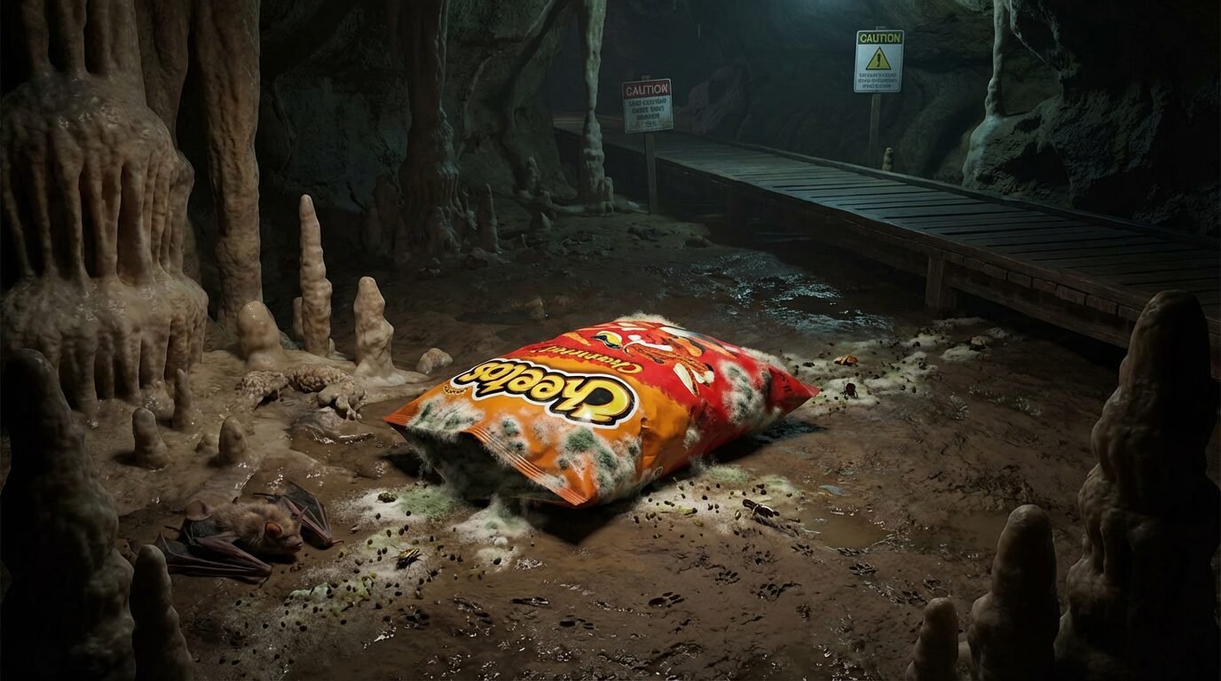 Caverna no Parque Nacional de Carlsbad Caverns, no Novo México, destacando o ambiente subterrâneo sensível