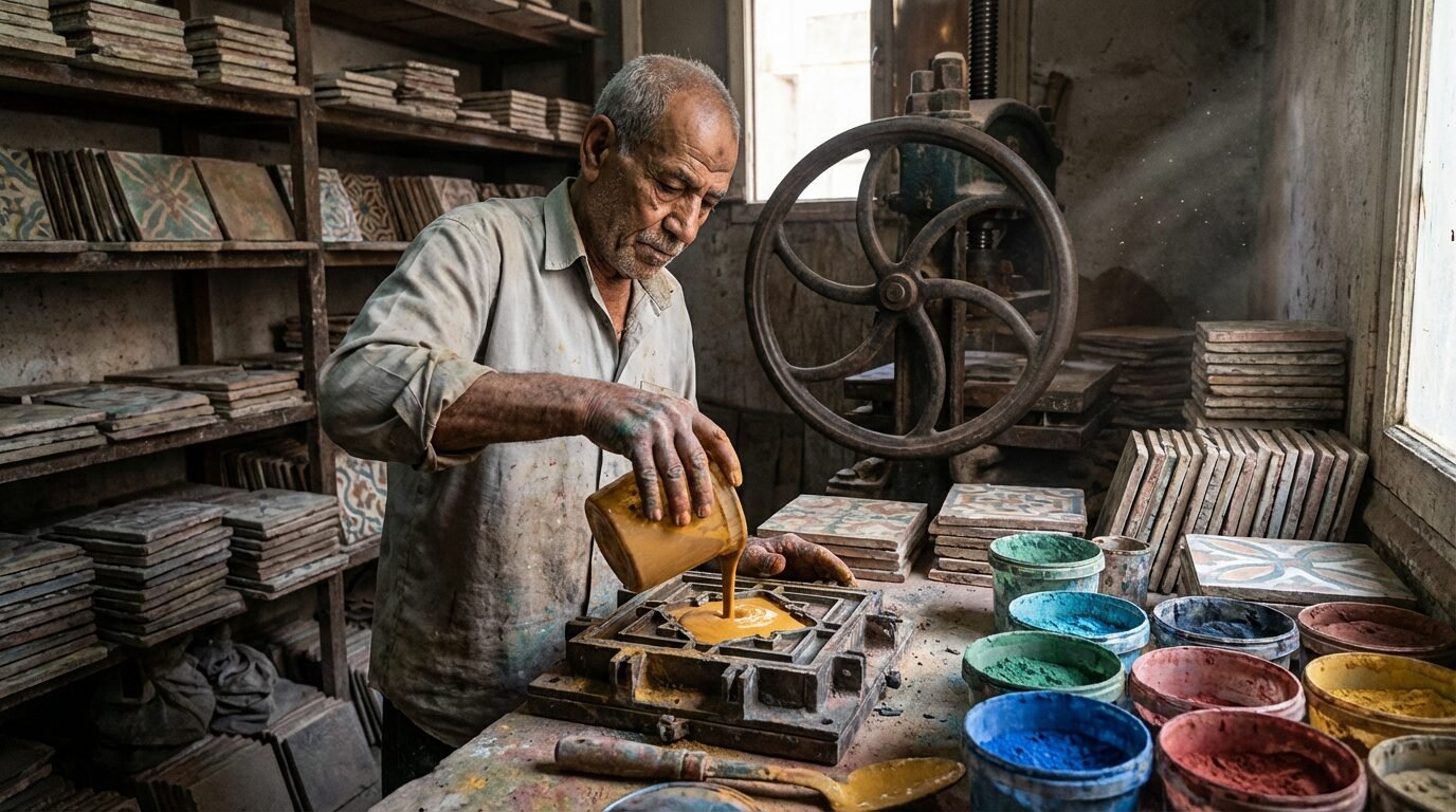 Artesão egípcio no Cairo posiciona molde e pigmentos antes de prensar um ladrilho hidráulico em prensa hidráulica