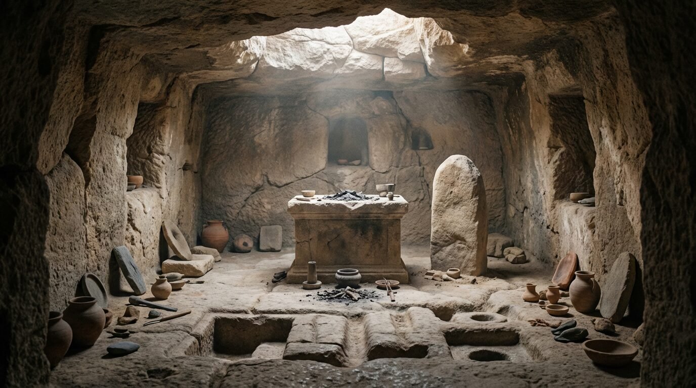 Câmara escavada na rocha perto do Monte do Templo em Jerusalém, com altar e pedra sagrada preservados