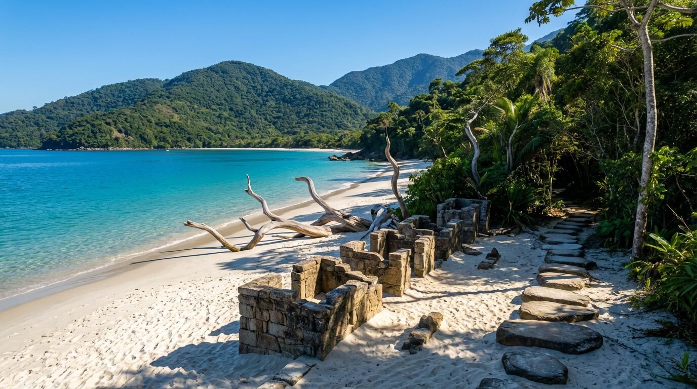 Praia de São Sebastião com mar azul, faixa de areia clara e vegetação da Mata Atlântica ao fundo em dia ensolarado