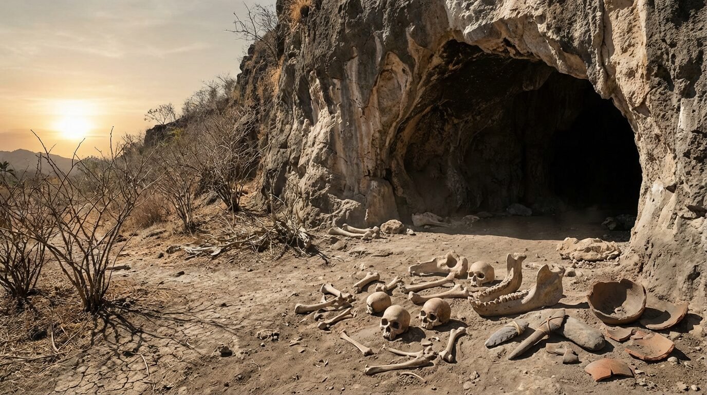 Caverna Liang Bua na ilha de Flores com paisagem seca ao redor, local associado aos fósseis do Homo floresiensis