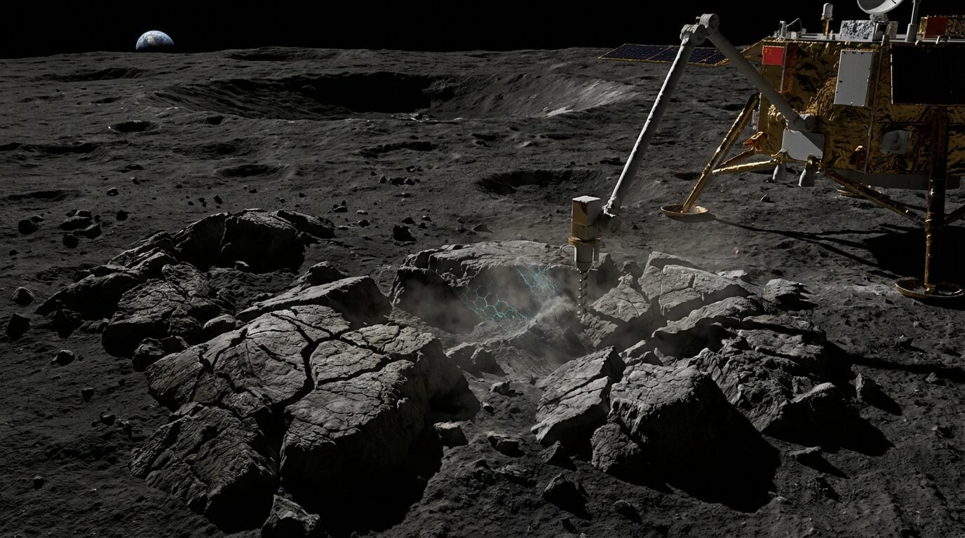Sonda chinesa Chang'e 6 no lado oculto da Lua coletando amostras de solo para análise científica