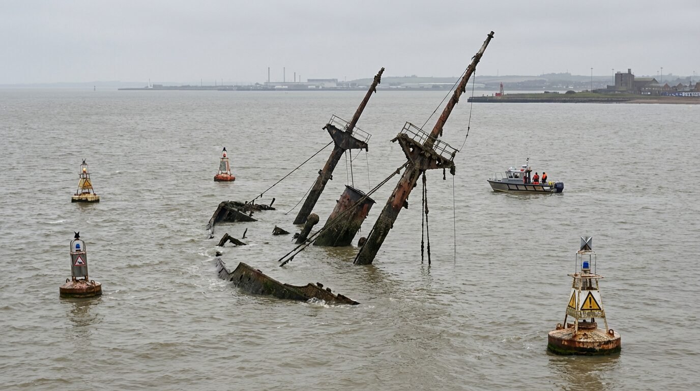 Mastros do naufrágio SS Richard Montgomery emergindo no estuário do Tâmisa, próximo a Sheerness, com boias de aviso