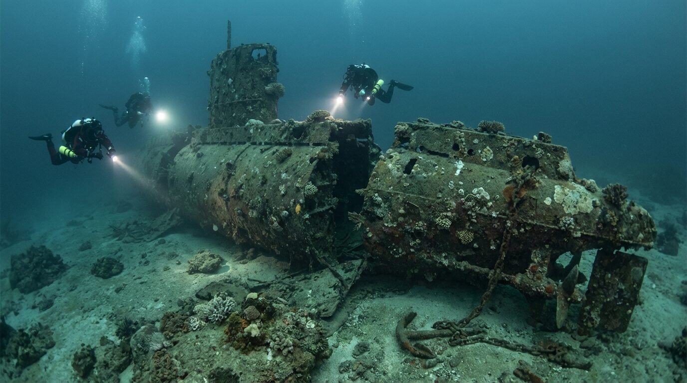 Dorsal de submarino naufragado no mar Egeu, com casco dividido e recoberto por incrustações, em águas profundas ao norte de Donoussa