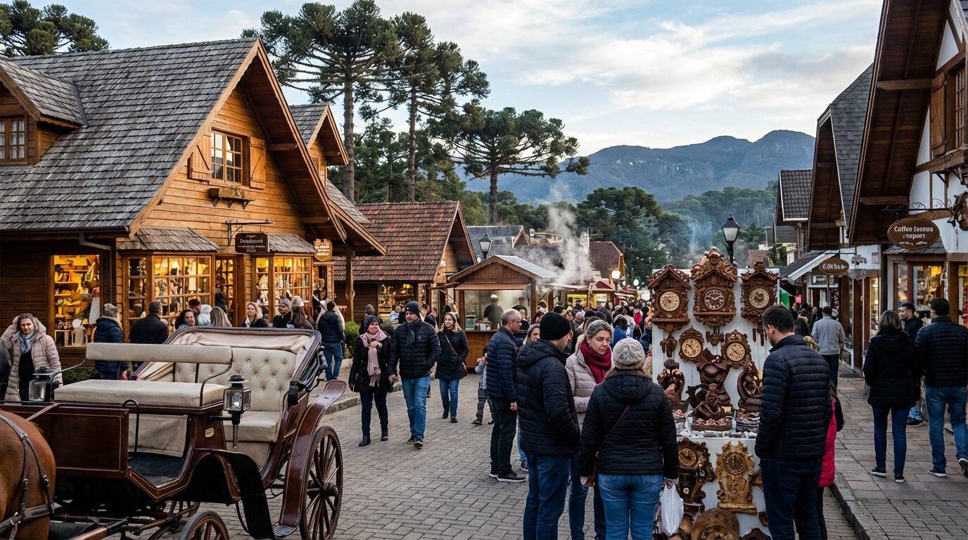 Chalés em estilo alpino e visitantes na Vila Capivari, em Campos do Jordão, em dia frio na Serra da Mantiqueira