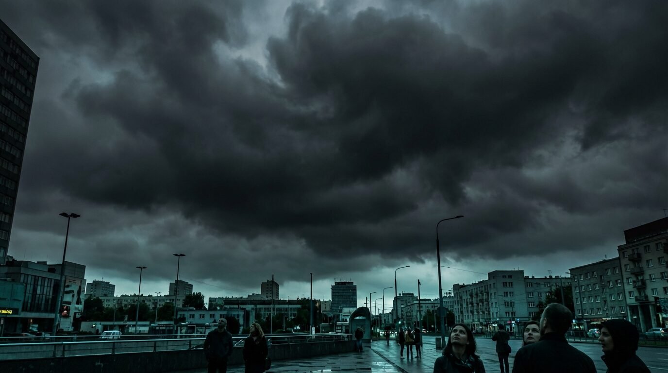 Céu escurecido em pleno dia com o Sol oculto por nuvens densas, simbolizando o boato de uma semana sem Sol em novembro