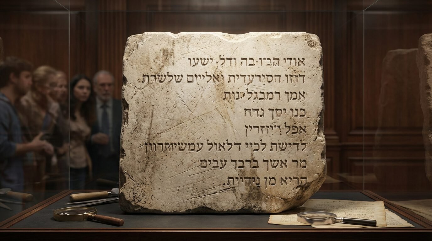 Tábua de pedra com inscrição em paleo-hebraico exposta na Sotheby's em Nova York
