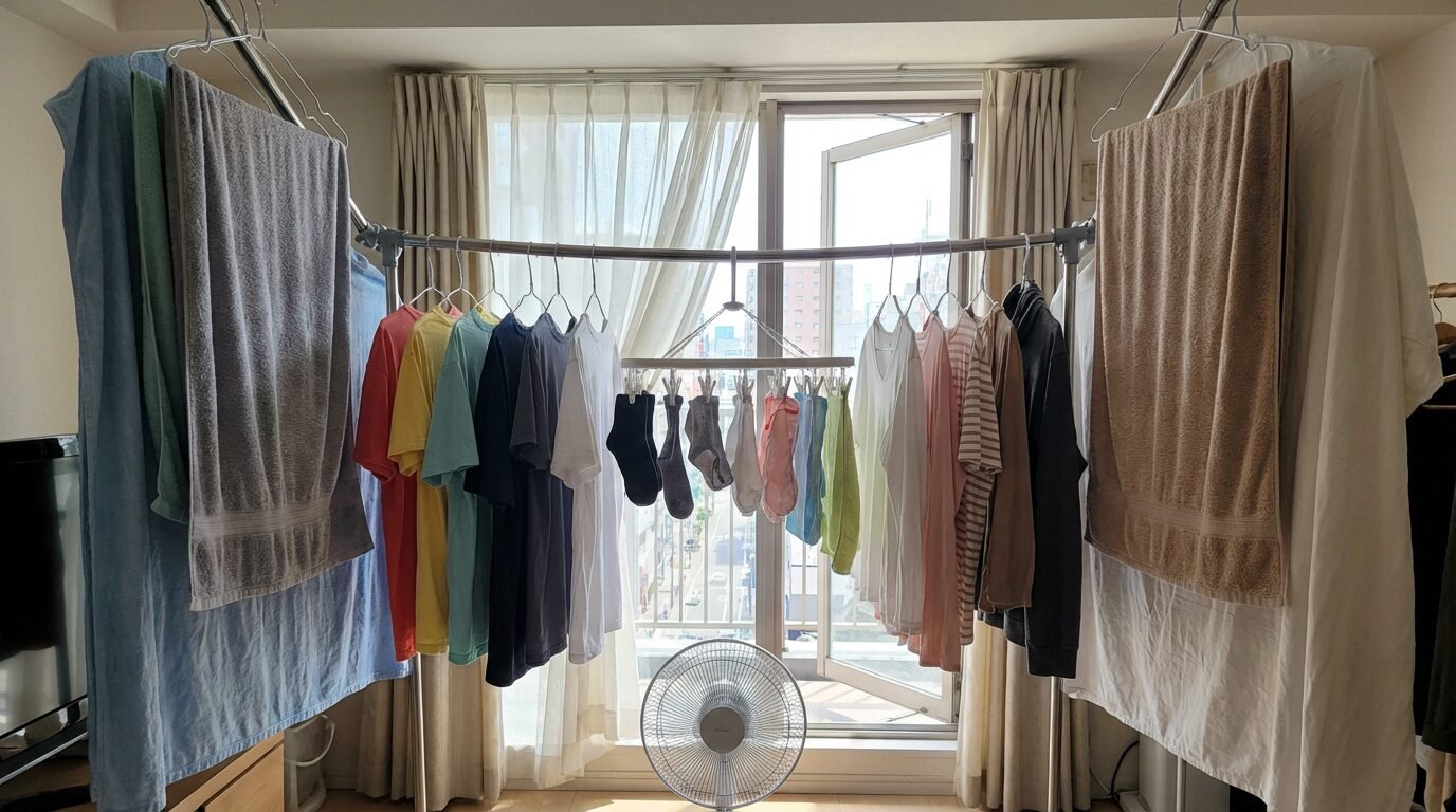 Varal interno com peças grandes nas pontas, médias no meio e pequenas no centro, com espaços entre as roupas