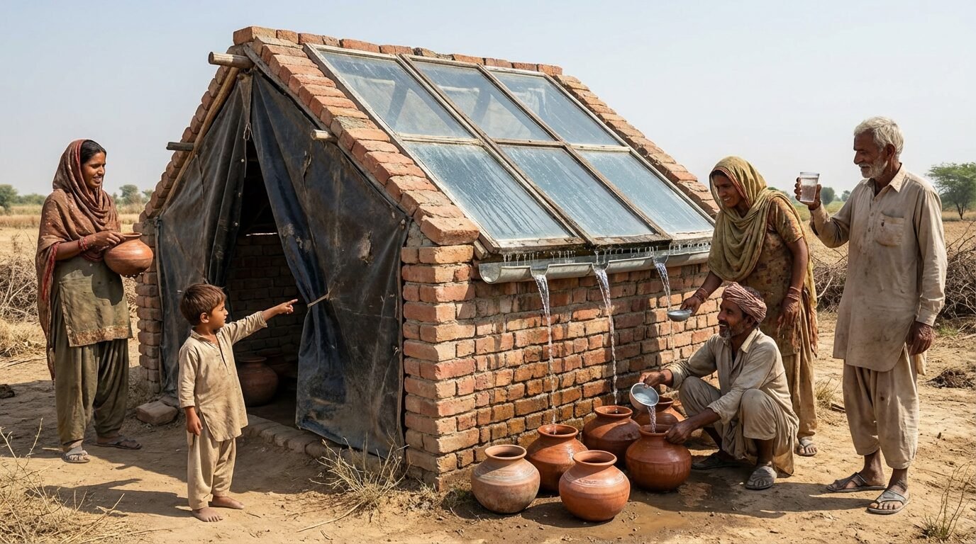 Família rural no semiárido paraibano coletando água potável de um dessalinizador solar de vidro e lona sob o sol