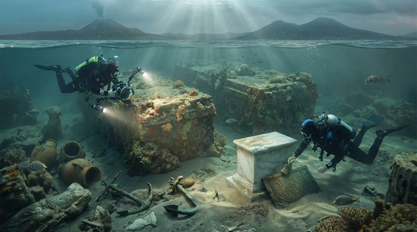Ruínas submersas de um templo nabateu dedicado a Dusares na costa de Pozzuoli, com altares de mármore e inscrições em latim visíveis entre sedimentos