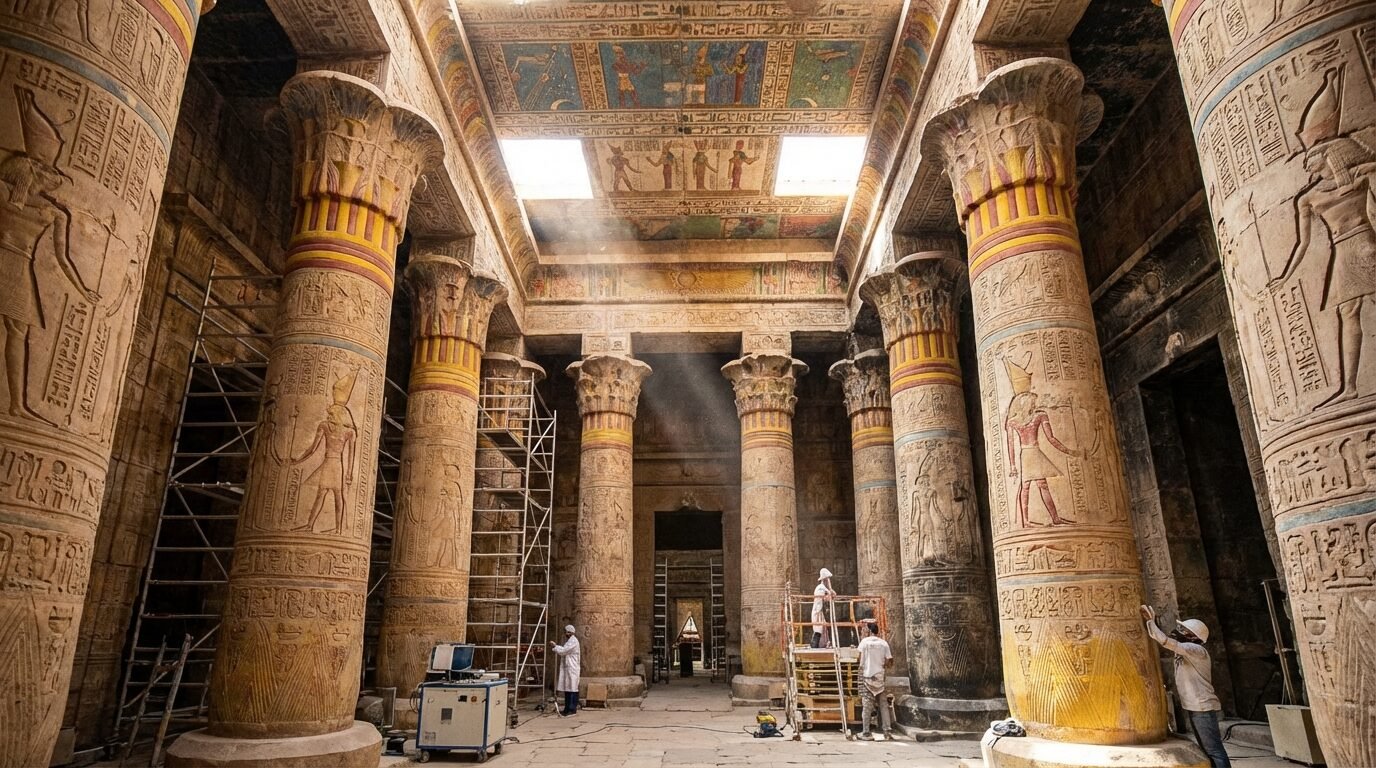 Colunas do pátio do templo de Esna exibindo cores amarelas e vermelhas recuperadas após restauração