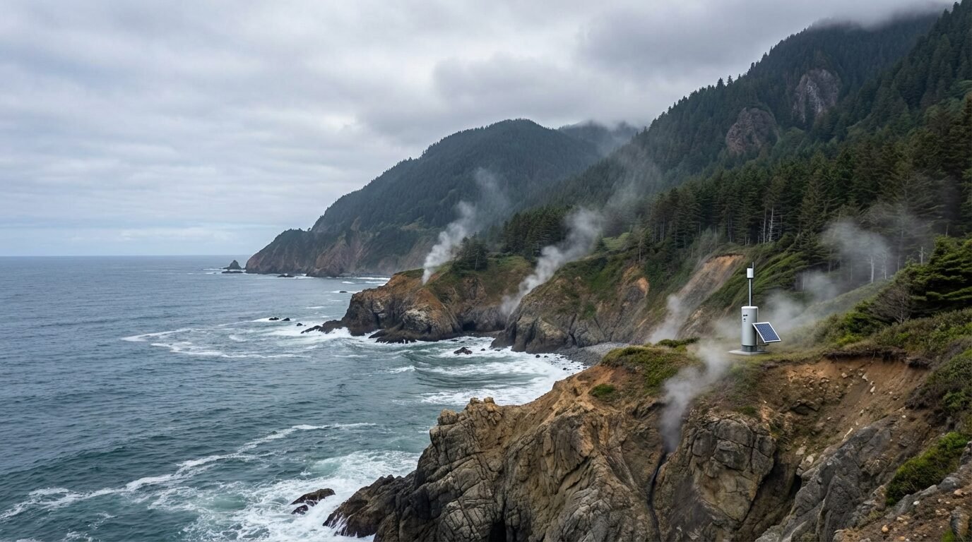 Vista de uma zona de subducção no oceano, onde uma placa tectônica mergulha sob outra