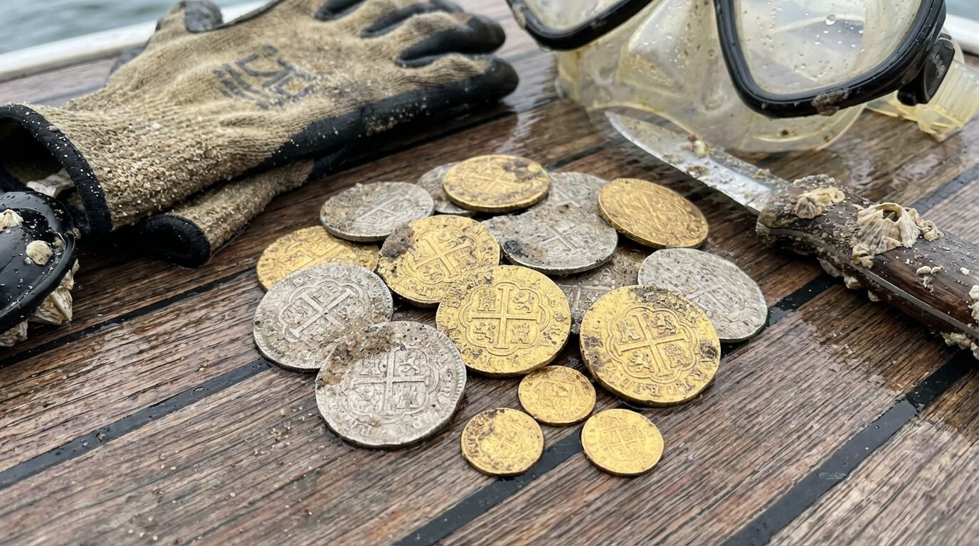 Mergulhadores recuperam moedas de prata e escudos de ouro na Costa do Tesouro, na Flórida