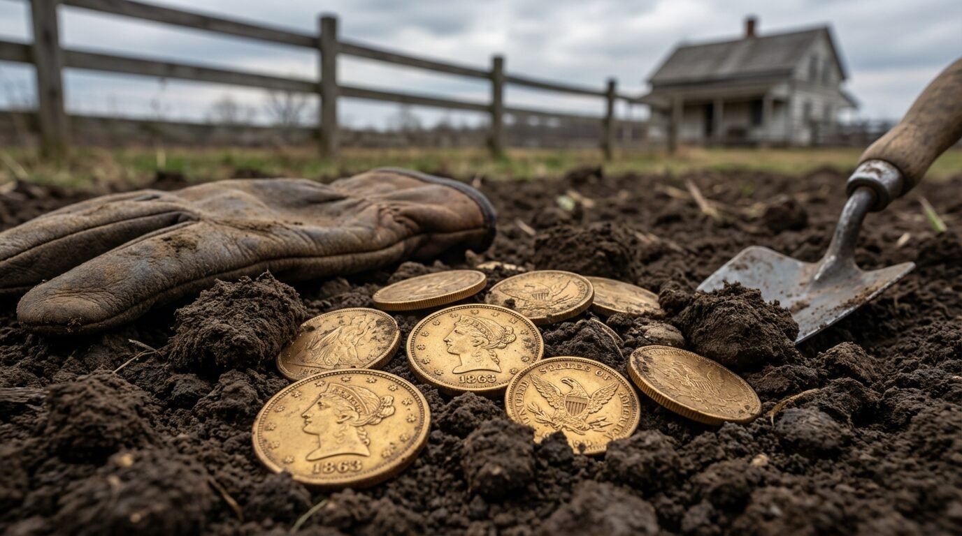 Moedas de ouro de 1863 sobre terra revolvida de fazenda, representando achado avaliado em R$ 18 milhões