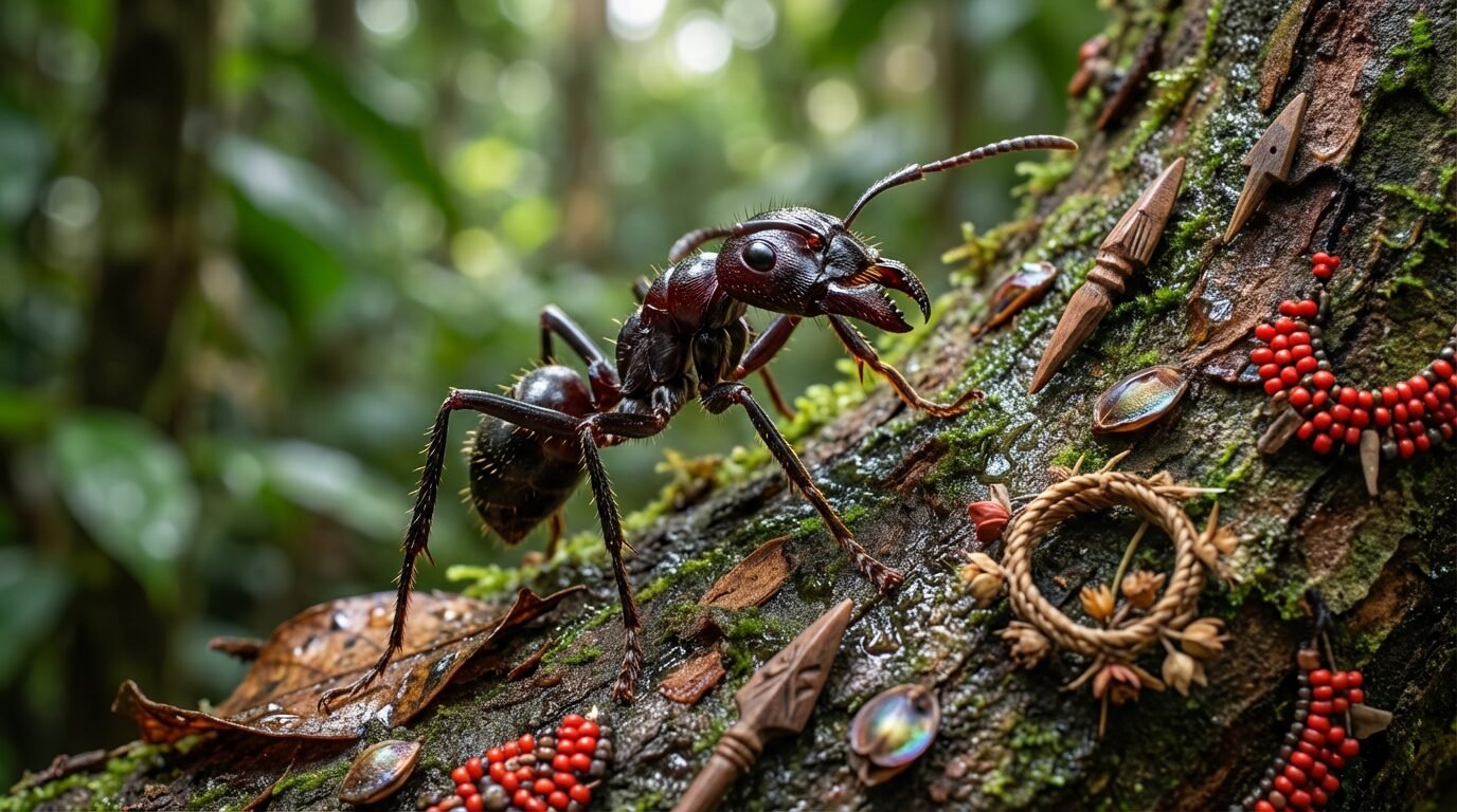 Formiga-bala Paraponera clavata sobre tronco na floresta amazônica, com mandíbulas em destaque