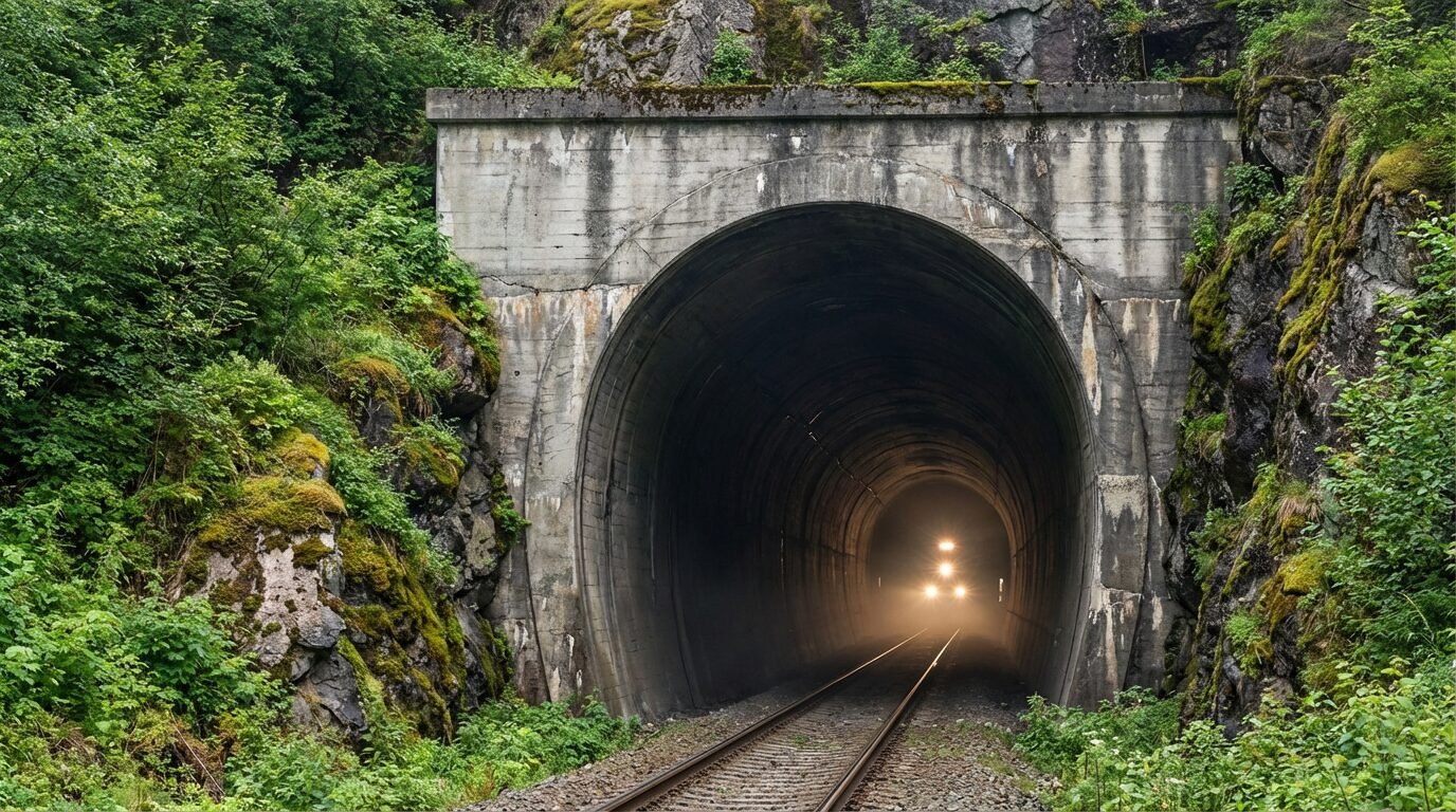 Entrada do Tunelão na Ferrovia do Aço entre Bom Jardim de Minas e Santa Rita de Jacutinga, com locomotiva se aproximando