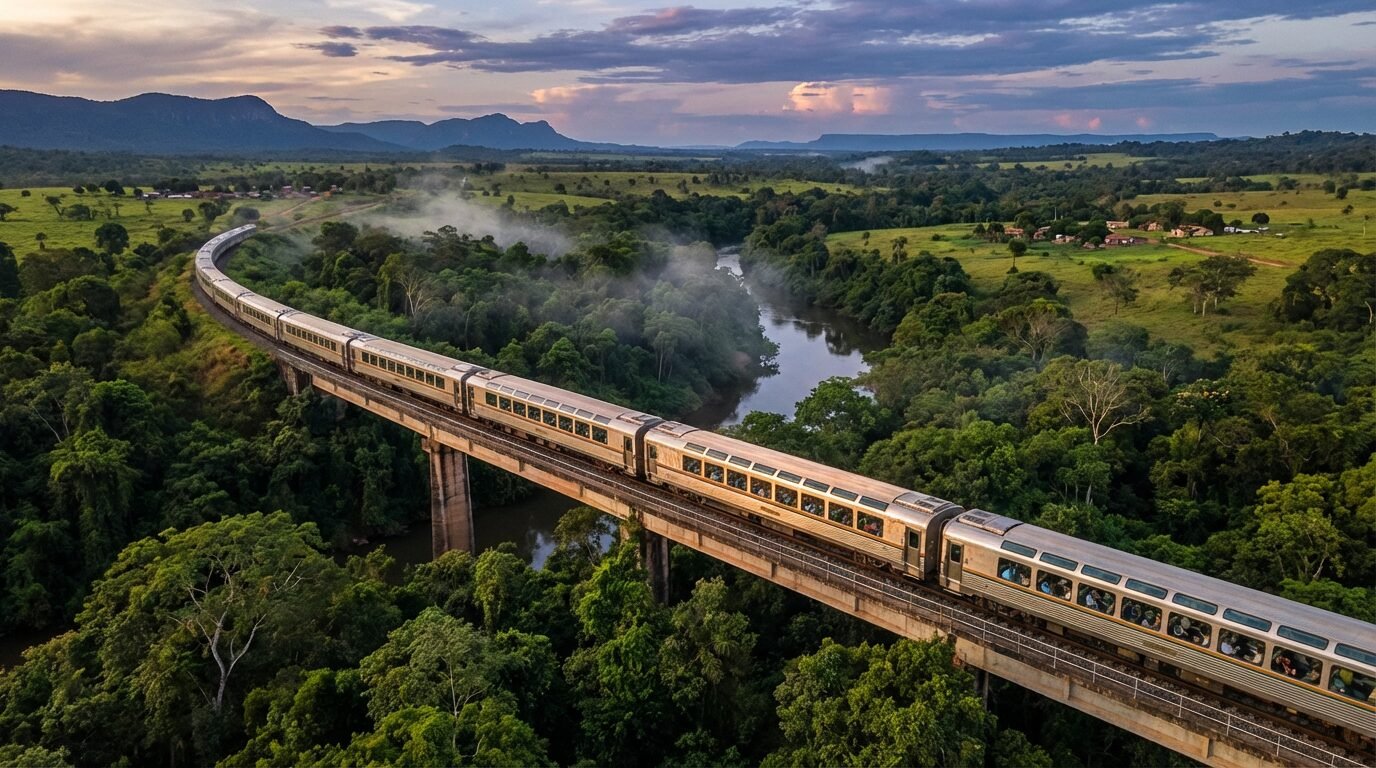 Trem de passageiros da Estrada de Ferro Carajás cruzando paisagens verdes entre Maranhão e Pará em dia claro