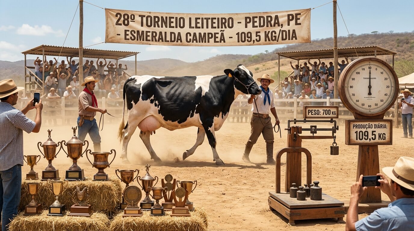 Vaca Girolando chamada Esmeralda durante torneio leiteiro em Pedra, Pernambuco, após produzir 109,5 kg de leite em um dia