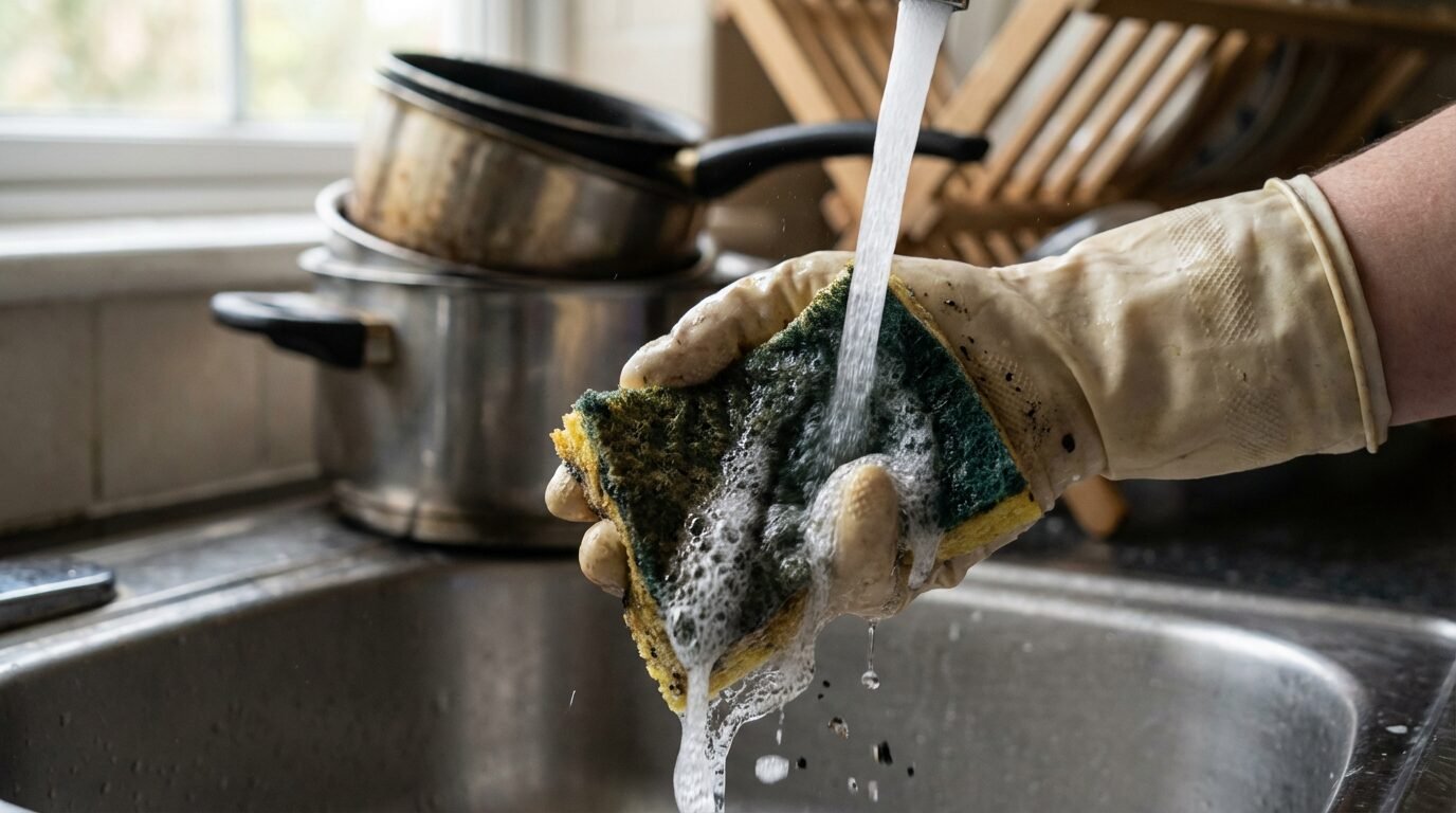 Esponja de cozinha sendo lavada com água e sabão na pia para desinfecção