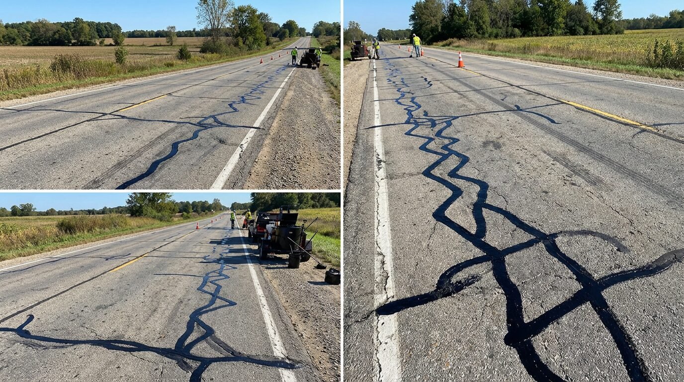 Linhas pretas de selante atravessando o asfalto de uma estrada, formando zigue-zagues sobre a superfície