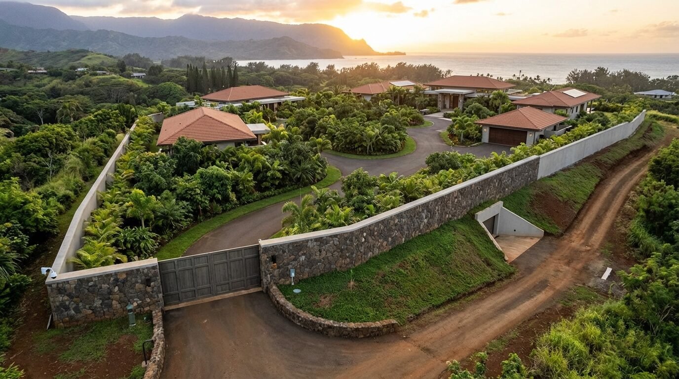 Vista aérea de propriedade murada em Kauai, Havaí, com grandes áreas verdes e estruturas residenciais